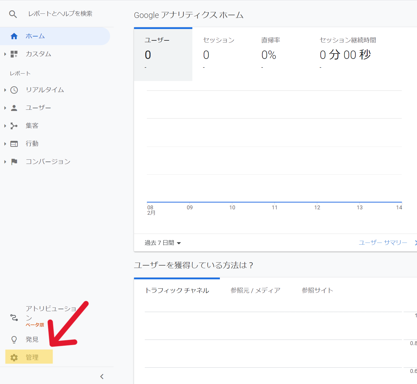 Googleアナリティクス（UA）で「管理」を選択する